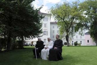 Catholic News - Pope Benedict XVI is vacationing in Bressanone, a German speaking Alpine village in northern Italy that once belonged to Austria.  Seated to the pope's right is his brother Father Georg Ratzinger and seated to the pope's left is his secretary, Father Georg Gaenswein.  The pope is on vacation in Bressanone from August 3 to August 11.