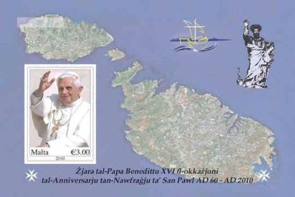 Pope Benedict XVI on Maltese stamp